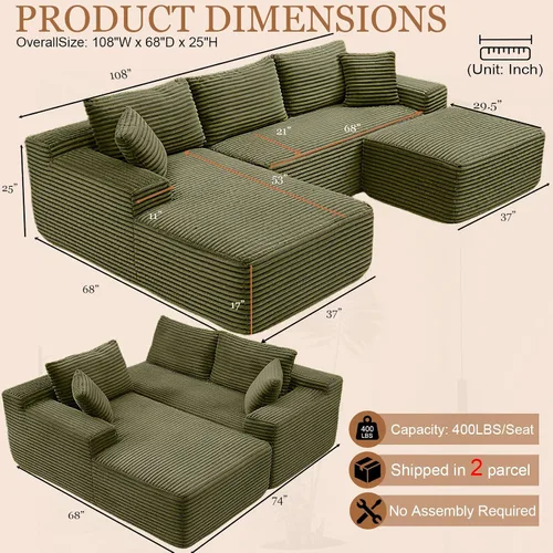 Miniatura 2 de Sofá modular Cloud de 108 pulgadas, moderno sofá deshuesado con otomana móvil, sofá modular de asiento profundo, sofás esquineros de pana para sala