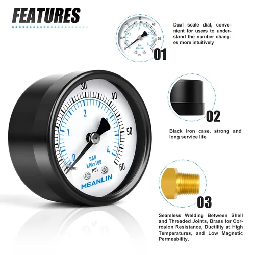 Miniatura 3 de MEANLIN MEASURE Manómetro de presión de bomba de pozo de 0-60 Psi, cara de dial de 2", NPT de 1/8", con buje hexagonal NPT de 1/4" y NPT de 3/8