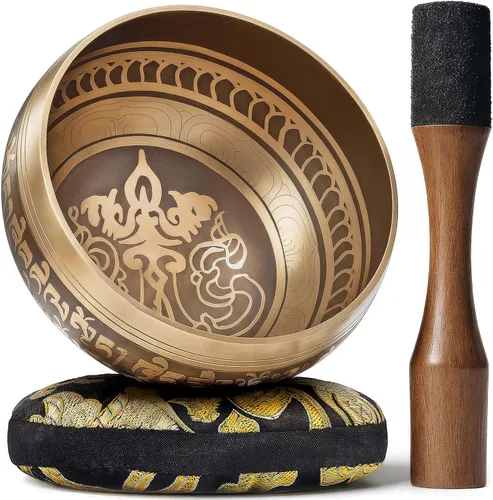 Juego de Cuencos Cantores Tibetanos Grabados a Mano – Cuenco de Sonido y Cuenco de Meditación con Cojín, Mazo y Guía – Kit de Yoga – Herramientas