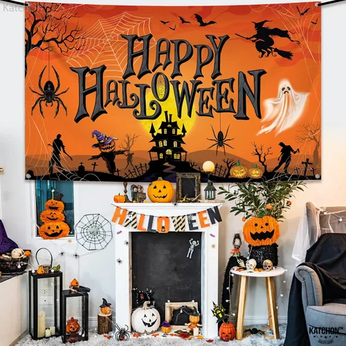Miniatura 7 de KatchOn Cartel naranja de feliz Halloween, extra grande de 72 x 44 pulgadas, telón de fondo de calabaza para decoraciones de fiesta y fotografía