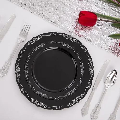 Miniatura 4 de DaYammi 150 platos de plástico negro plateado y cubiertos de plástico plateado, platos desechables de plata negra para incluir 30 platos llanos, 30
