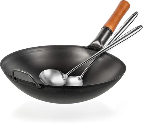 YOSUKATA Juego de sartén Wok de acero al carbono de 14 pulgadas, presazonada, espátula y cucharón para wok de 17 pulgadas, resistente al calor, apto