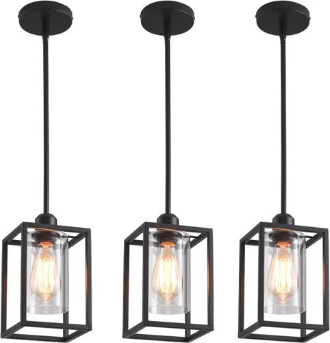 Miniatura 9 de Luces colgantes negras para isla de cocina, lámpara colgante de farol industrial con pantalla de vidrio transparente, iluminación colgante de altura