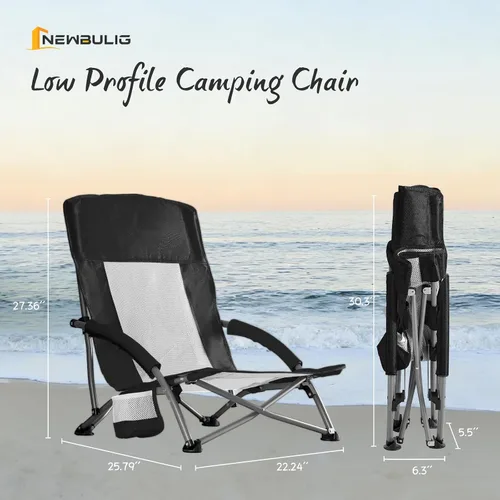 Miniatura 2 de NEWBULIG Silla de playa plegable para adultos, silla de césped de perfil bajo con portavasos y bolsa de transporte, asiento extra ancho y respaldo