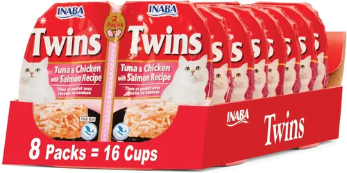 INABA Gemelos para gatos, plato de gelée de pollo rallado y caldo con extracto de té verde, 1.23 onzas por porción, 16 porciones, receta de atún y