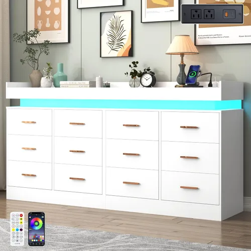 Miniatura 12 de Hlivelood Cómoda de 8 cajones con luz LED y estación de carga, cómoda moderna para armario, armario organizador de cajones anchos para dormitorio