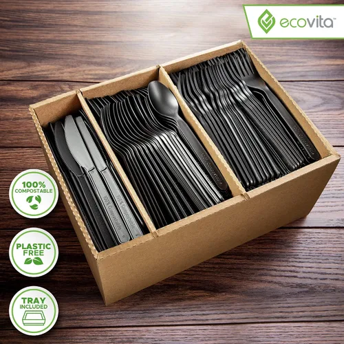 Miniatura 2 de Ecovita Juego de cubiertos desechables 100% compostables - 380 tenedores, cucharas y cuchillos grandes (17.8 cm) Utensilios ecológicos duraderos