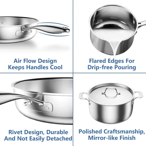 Miniatura 3 de Nuwave Pro-Smart - Juego de utensilios de cocina de acero inoxidable de 9 piezas, resistente de tres capas de 0.122 in de grosor, 18/10SS, diseño