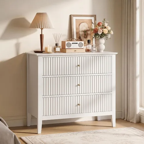 Miniatura 19 de RoyalCraft Cómoda Acanalada Beige de 3 Cajones, Cómoda de 32 Pulgadas de Ancho Mesita de Noche para Dormitorio, Cofre de Cajones de Madera Moderno