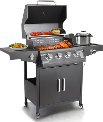 Parrilla de gas propano 4 quemadores con quemador lateral, carrito de parrilla independiente con ruedas para cocinar en el jardín al aire libre,