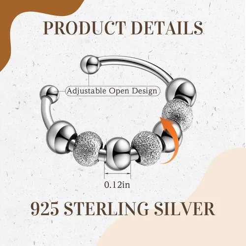 Miniatura 2 de Yinkin 30 anillos para ansiedad para mujeres, de acero inoxidable, ajustable, con cuentas, para hombres y adultos, alivio del estrés (plateado)