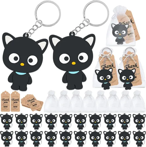 CiciBear Paquete de 60 decoraciones de fiesta con temática de gato negro para invitados, 20 llaveros, 20 etiquetas y 20 bolsas para cumpleaños de
