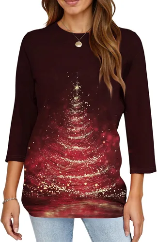 Miniatura 114 de Camisetas de manga 3/4 para mujer, cuello redondo, holgadas, casuales, con estampado floral, camisetas de moda para el trabajo de negocios