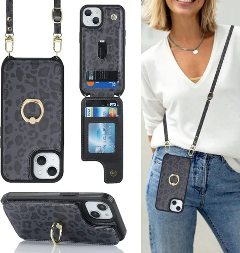 Miniatura 15 de Lipvina Funda para iPhone 14 Plus con tarjetero y correa para mujer, cordón cruzado, bloqueo RFID, soporte de anillo de soporte, cierre a presión