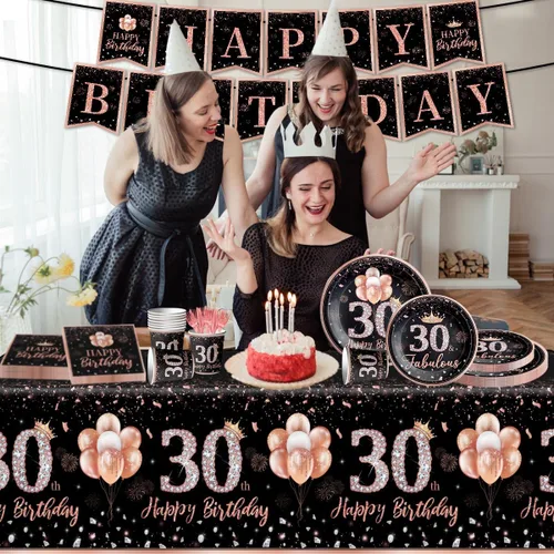 Miniatura 2 de 142 piezas de vajilla de 30 cumpleaños para mujer, suministros de fiesta de cumpleaños de 30 años de color oro rosa para ella, mantel desechable, 30