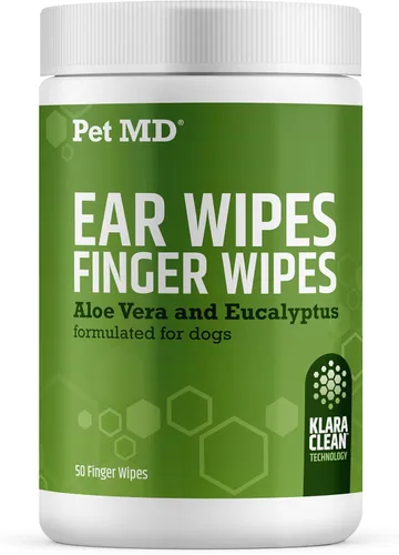 Pet MD Toallitas limpiadoras de oídos para perros, limpiador ótico para perros, cuidado calmante de los oídos con aloe vera y eucalipto, toallitas