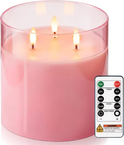 Miniatura 15 de Homemory Vela sin llama extra grande de 6 x 6 pulgadas con 3 mechas, vela LED de cristal, vela de cera real a pilas con control remoto y 3 mecha gris