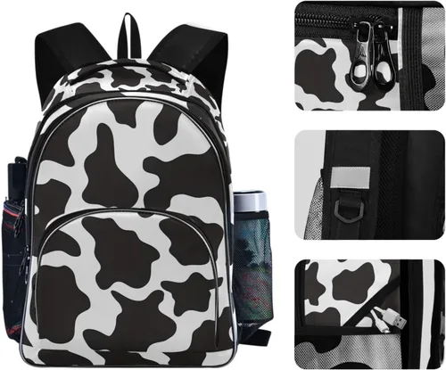 Miniatura 5 de OREZI - Mochila de moda para mujeres y niñas, mochila escolar con estampado de vaca en blanco y negro, mochila para libros, bolsa de viaje, mochila