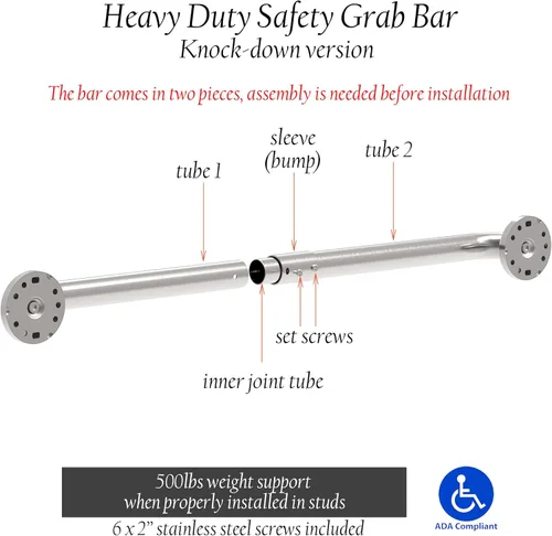 Miniatura 7 de Barra de seguridad de baño de acero inoxidable de 1-1/4 x 24 pulgadas, compatible con la ADA, capacidad de carga de 500 libras, níquel cepillado