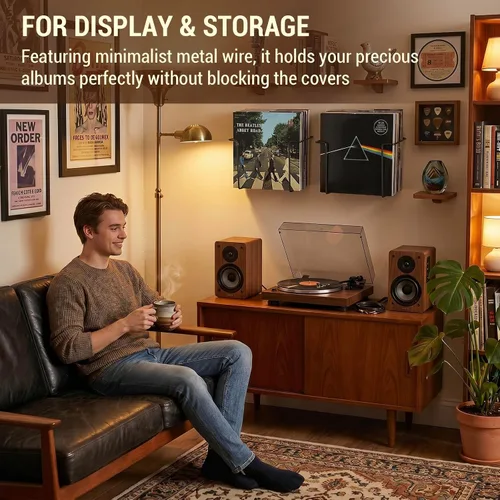Miniatura 3 de MyGift Paquete de 2 soportes de vinilo para montaje en pared, estante flotante para discos de vinilo, estantes de exhibición de pared de metal negro