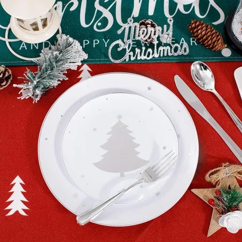 Miniatura 5 de WDF 50 platos de plástico plateados, platos de plástico de Navidad con árbol de Navidad, platos desechables blancos y plateados resistentes