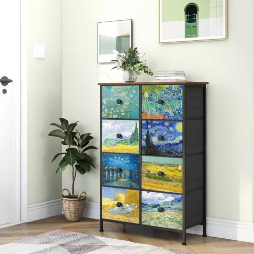 Miniatura 8 de EXOTICA Cómoda alta con 8 cajones para dormitorio, cómoda estrecha de cajones Van Gogh para pasillo, clóset, sala de estar, marco de acero, rústico