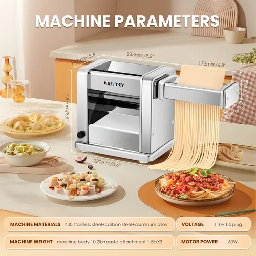 Miniatura 2 de NEWTRY Máquina eléctrica para hacer pasta familiar, máquina para hacer fideos, rodillo de masa, cortador de prensa con 3 accesorios de cuchilla