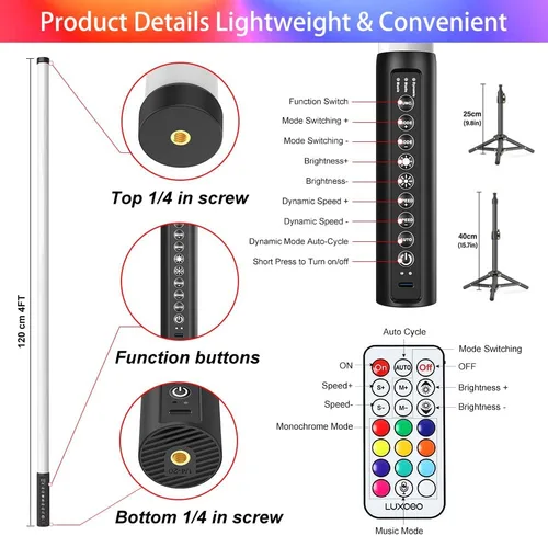 Miniatura 6 de Paquete de 4 tubos de luz portátiles de 4 pies de 47.2 in de mano LED RGB con trípodes, 500 efectos vívidos para video y fotografía, pintura ligera