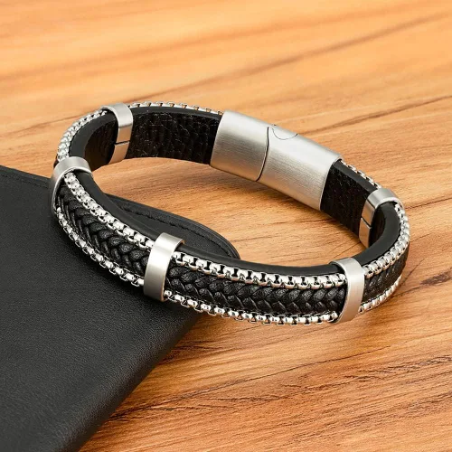 Miniatura 2 de Hoigblxy Pulsera de cuero para hombre, cierre magnético, de acero inoxidable, longitud de 8.26 pulgadas, Sin gemas.