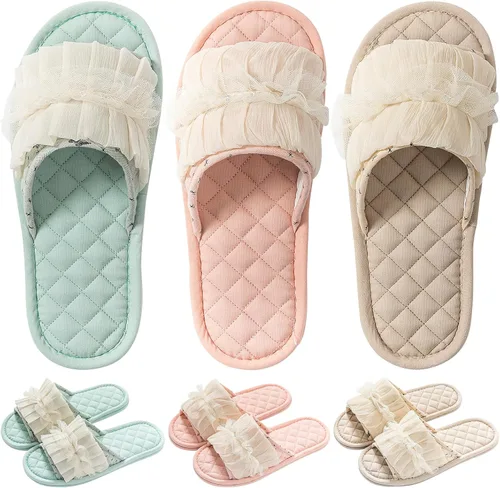 Miniatura 11 de 3 pares de zapatillas de casa florales de algodón para mujeres, zapatillas interiores de punta abierta cómodas lavables portátiles plegables
