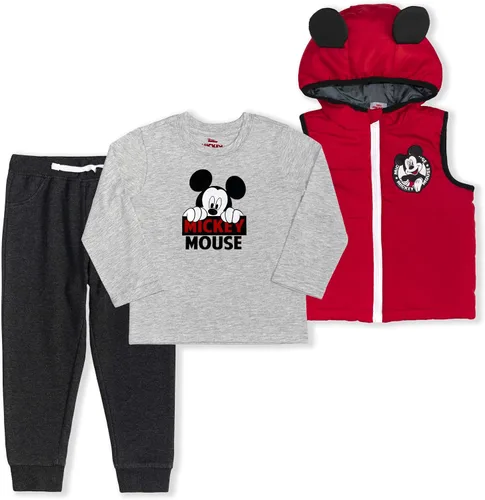 Disney Mickey Mouse - Conjunto de camisa de manga larga para niños, chaleco con capucha y pantalón deportivo para niños pequeños, rojogrisnegro