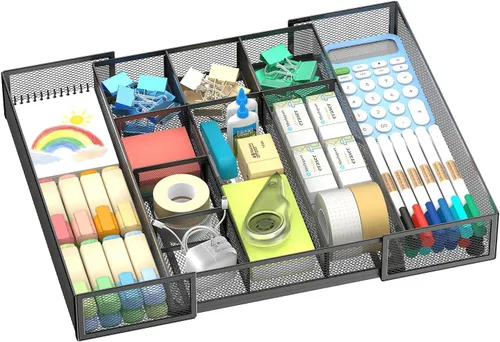 Miniatura 10 de Paquete de 2 bandejas organizadores de cajones de escritorio expandibles con 10 compartimentos ajustables, organizador de cajones de oficina