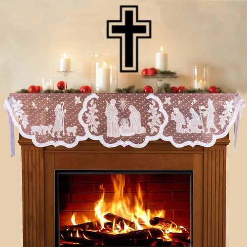 Miniatura 6 de Bufanda de Navidad para chimenea, cubierta de manto de pesebre de encaje blanco, guirnalda para decoración del hogar de vacaciones, sala de estar