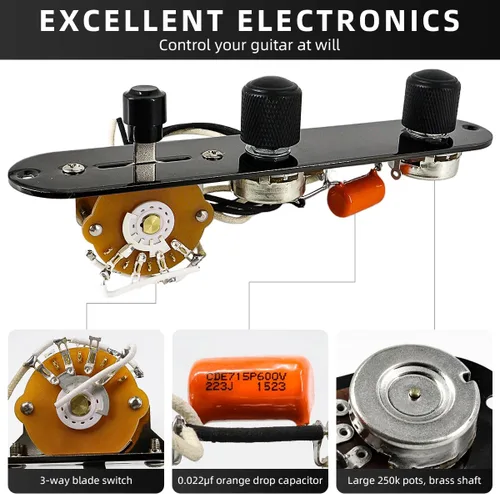Miniatura 4 de Placa de control de guitarra totalmente cargada, interruptor de 3 vías precableado, 250 K, grandes potenciómetros moleteados, controles de tono