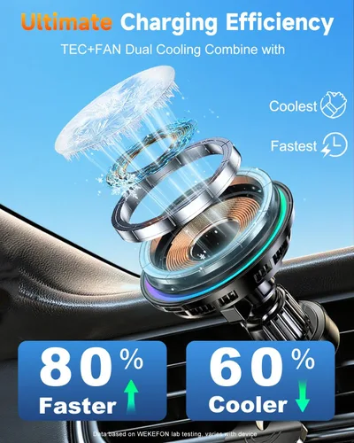 Miniatura 2 de Para Qi2 Cargador de Montaje de Coche MagSafe de 15W con Luz RGB, Soporte Magnético Inalámbrico de Enfriamiento por Hielo para Teléfono, Carga