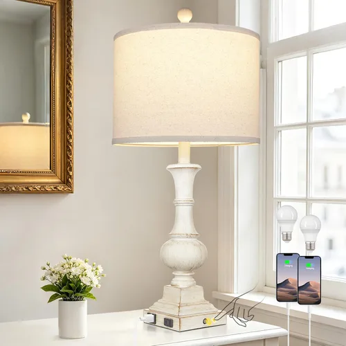 26" Tall Farmhouse Table Lamp for Living Room, Vintage Touch Control Bedside Lamp with USB A/C Charging Ports & AC Outlets, Rustic 3-Way Dimmable