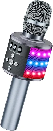 Miniatura 15 de BONAOK Micrófono de karaoke para niños y adultos, micrófonos Bluetooth, micrófono para cantar con luces de discoteca, efecto eco, altavoz integrado