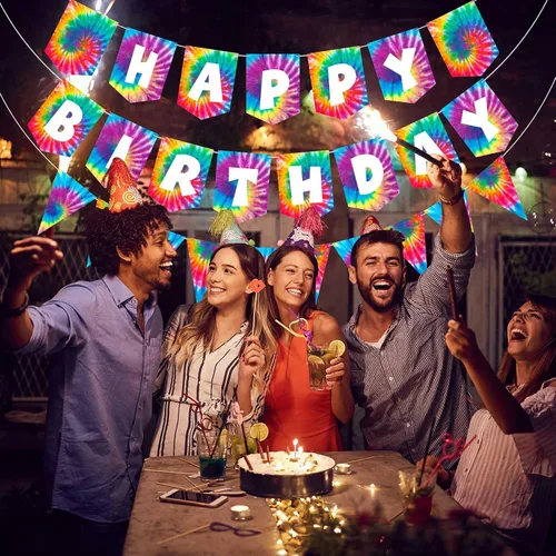 Miniatura 5 de Tenare 15 banderines de teñido anudado para fiesta de feliz cumpleaños, banderín y temática hippie de los años 60, decoración de remolinos