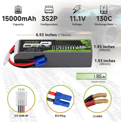 Miniatura 2 de OVONIC 3S LiPo Batería 15000mAh 11.1V 130C RC Batería con conector EC5 (paquete de 2)
