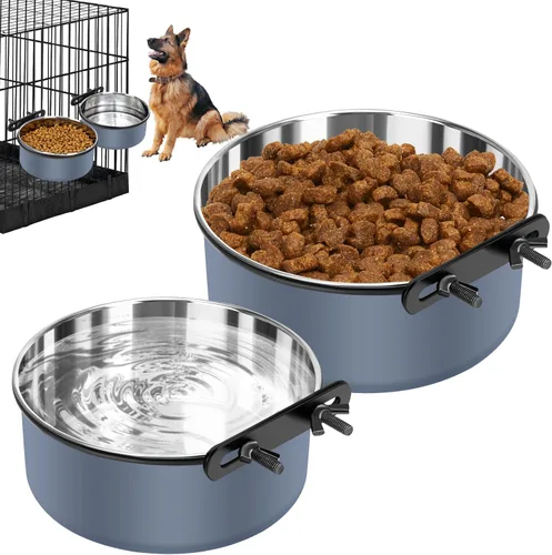 Cuencos para perrera para jaulas, cuencos colgantes para jaulas de perros sin derrame, paquete de 2 cuencos de acero inoxidable para mascotas para