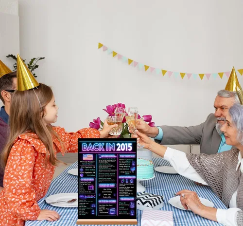 Miniatura 5 de Decoración de fiesta de cumpleaños número 10 para niño, póster de decoración de cumpleaños de neón en 2015, letrero de mesa acrílico, suministros