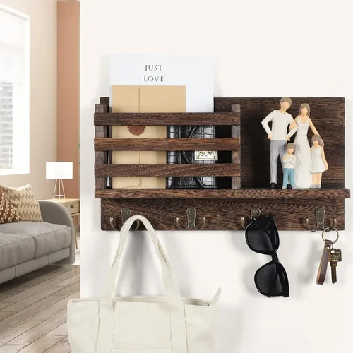 Miniatura 3 de Lwenki Soporte para llaves y correo para pared, madera rústica de Paulownia natural, 4 ganchos dobles, organizador montado en la pared