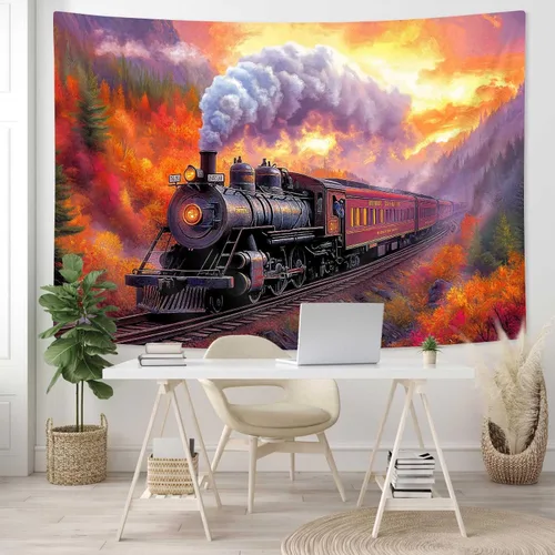 Miniatura 4 de Tapiz de Tren de Vapor, Tapices de Paisaje Otoñal de Tren de Motor Antiguo Decoración para Niños, Tapices de Arte de Acuarela de Bosque de Montaña
