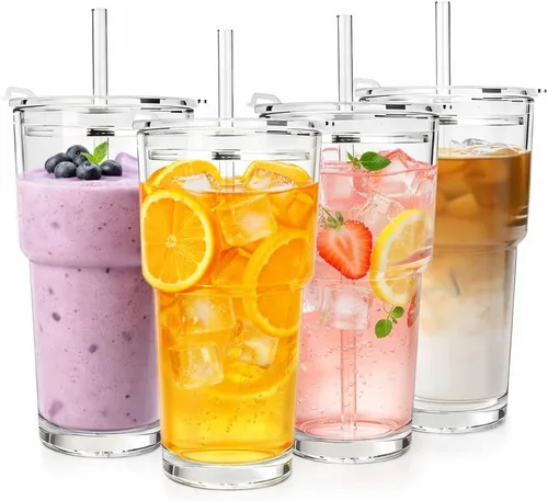 Miniatura 12 de 20oz Clear Glass Cups with Lids and Straws, Reusable Iced Coffee Cups, Drinking Tumblers for Cocktail Beer, Juice, Smoothie, Water, Party Gifts