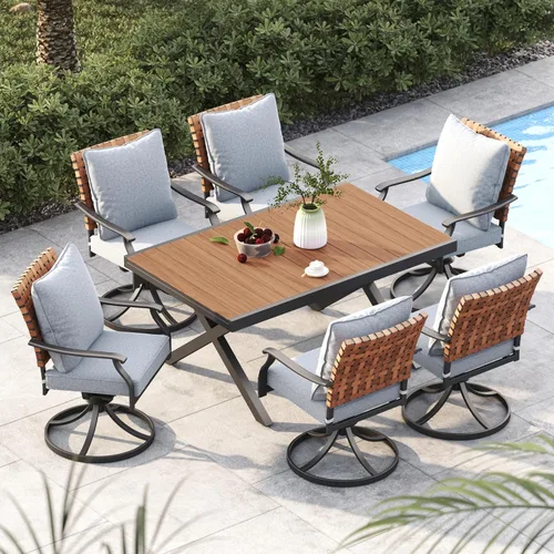 Miniatura 14 de Grand patio Juego de comedor de exterior de 5 piezas, 4 sillas de patio giratorias de mimbre con aspecto de cuero y 1 mesa de comedor cuadrada