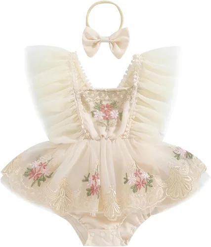 Miniatura 8 de Sasaerucure Traje de verano para bebé niña, sin mangas, mameluco de encaje tutú, mameluco de una pieza con volantes