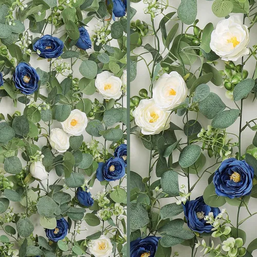 Miniatura 61 de TOCHGREEN Paquete de 2 Guirnaldas de Flores de Eucalipto Artificial de 12 Pies con Rosas Champán, Guirnalda de Flores de Rosa Falsa Verdor
