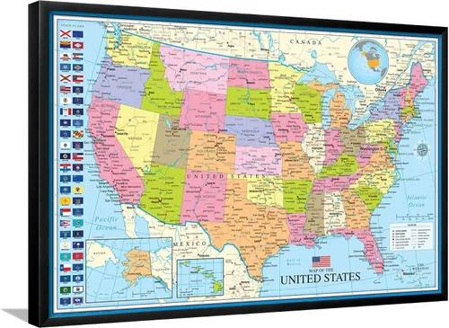 Miniatura 4 de AllPosters Póster de pared, mapa de los Estados Unidos con banderas estatales, 36x24 Impresión solamente