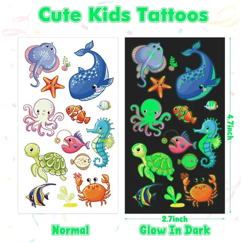 Miniatura 2 de 370 patrones de recuerdos de fiesta, 36 hojas que brillan en la oscuridad, tatuajes temporales luminosos, suministros de tatuajes falsos