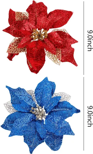 Miniatura 3 de Adornos para árbol de Navidad de flor de pascua azul real con purpurina grande de 9 pulgadas, decoración de flores artificiales para boda, paquete